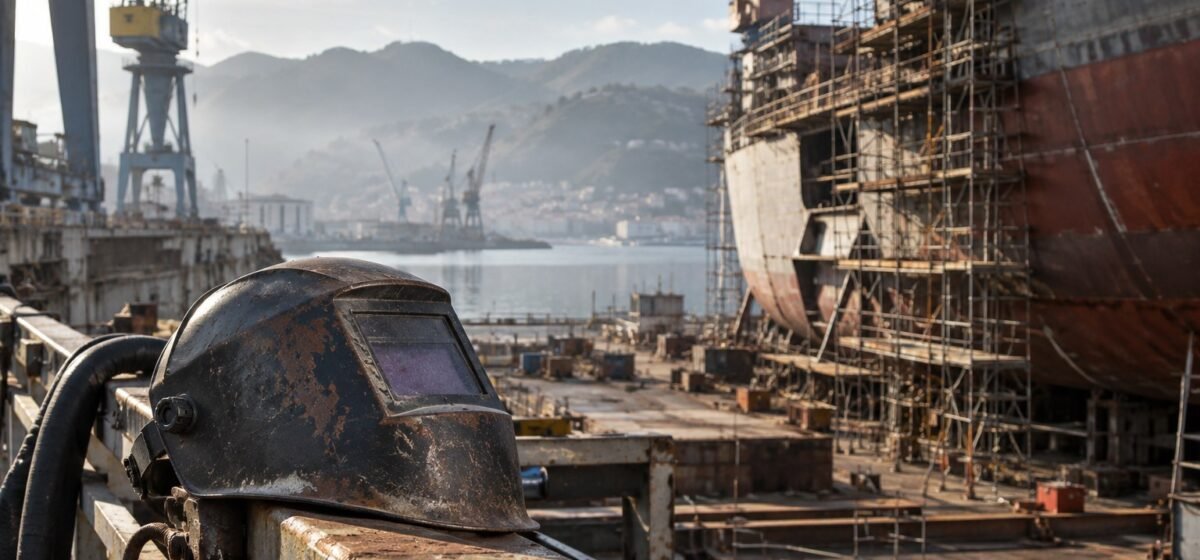 Una maschera da saldatura accanto a uno scafo in cantiere.