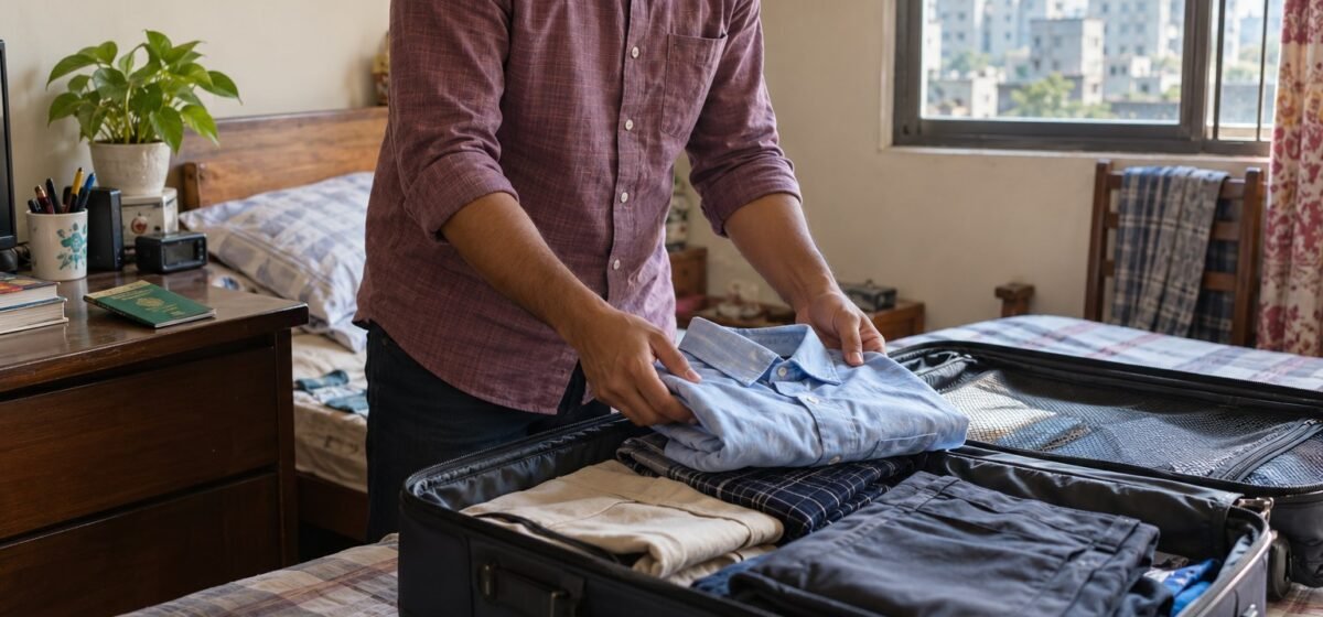 Una valigia viene preparata con gli abiti per un viaggio di lavoro.