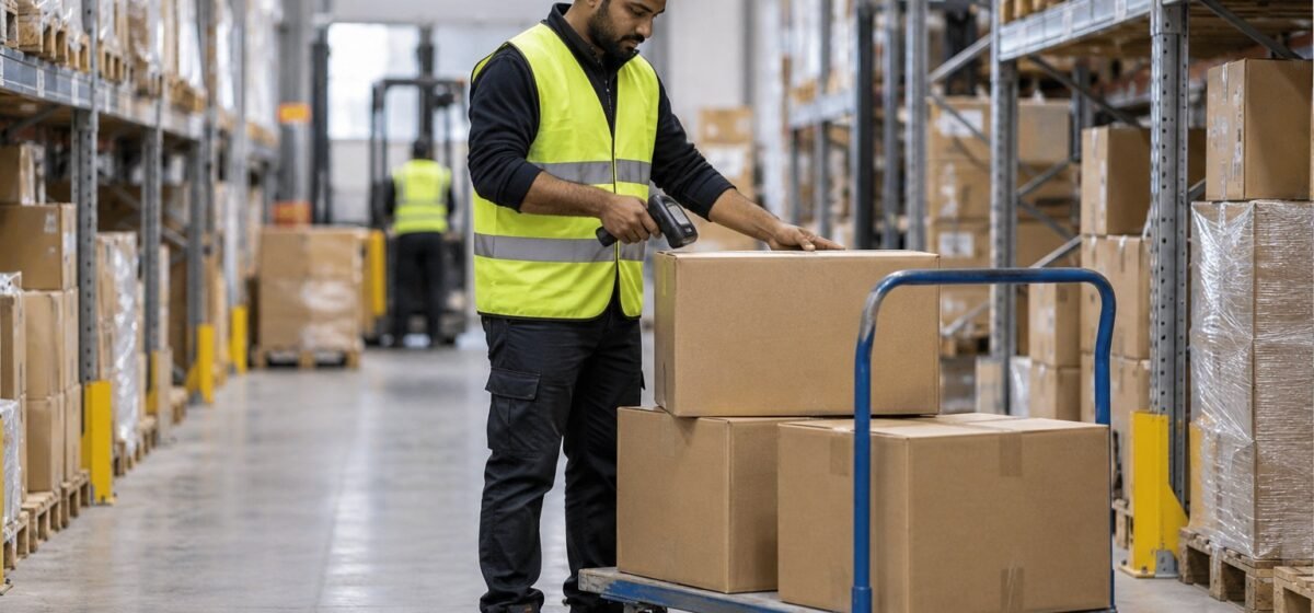 Un lavoratore della logistica scansiona un pacco in un magazzino.