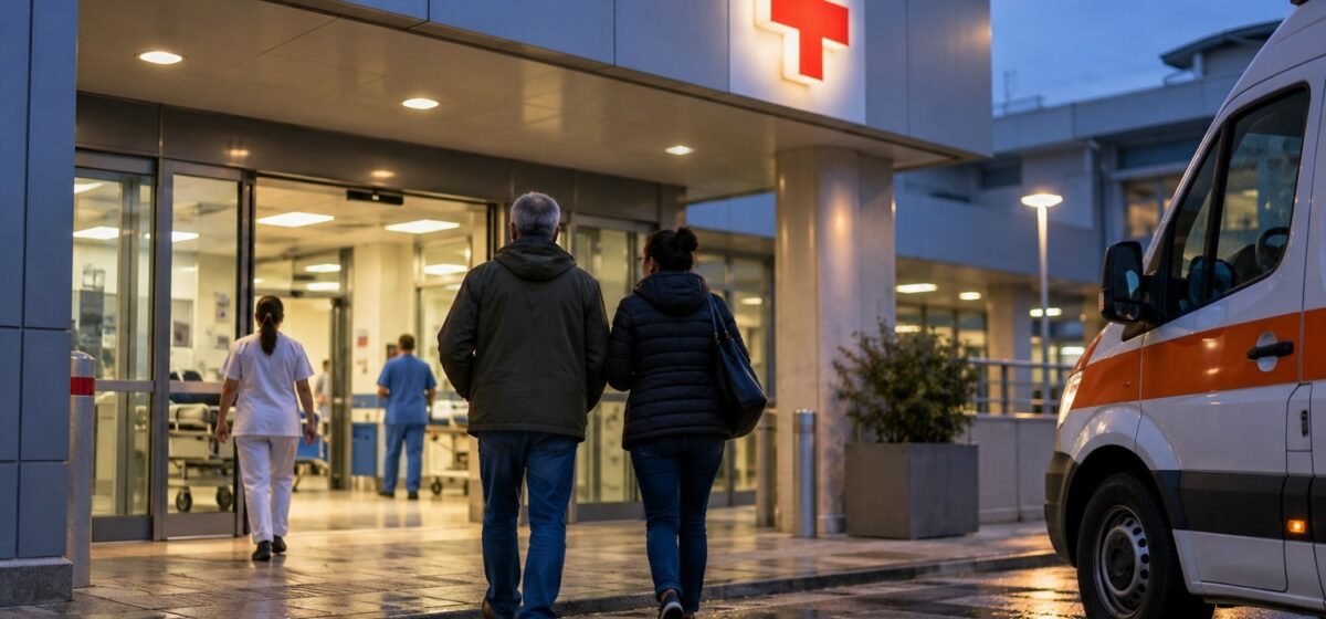 Un’ambulanza parcheggiata vicino all’ingresso di un ospedale al crepuscolo.
