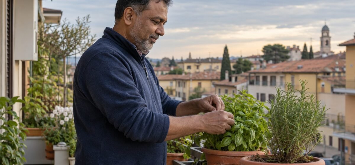 Un residente cura le piante sul balcone della propria casa in Italia.