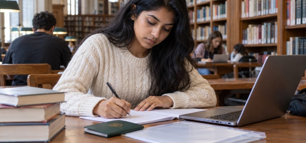Uno studente universitario con una cartellina studia in biblioteca.