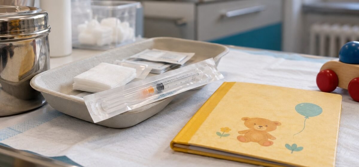 Materiale sanitario sigillato e un libretto vaccinale accanto a un giocattolo.