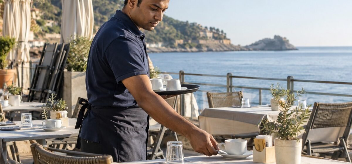 Un addetto prepara la terrazza per la colazione in albergo.
