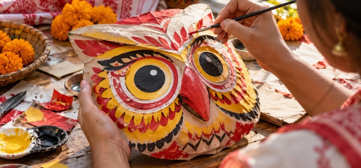 Mani che dipingono una maschera di carta per il Capodanno bengalese.