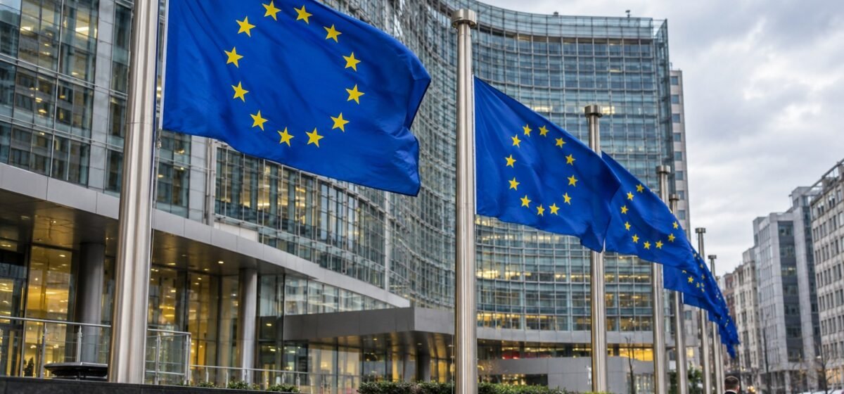 Bandiere dell’Unione europea davanti a un edificio istituzionale.