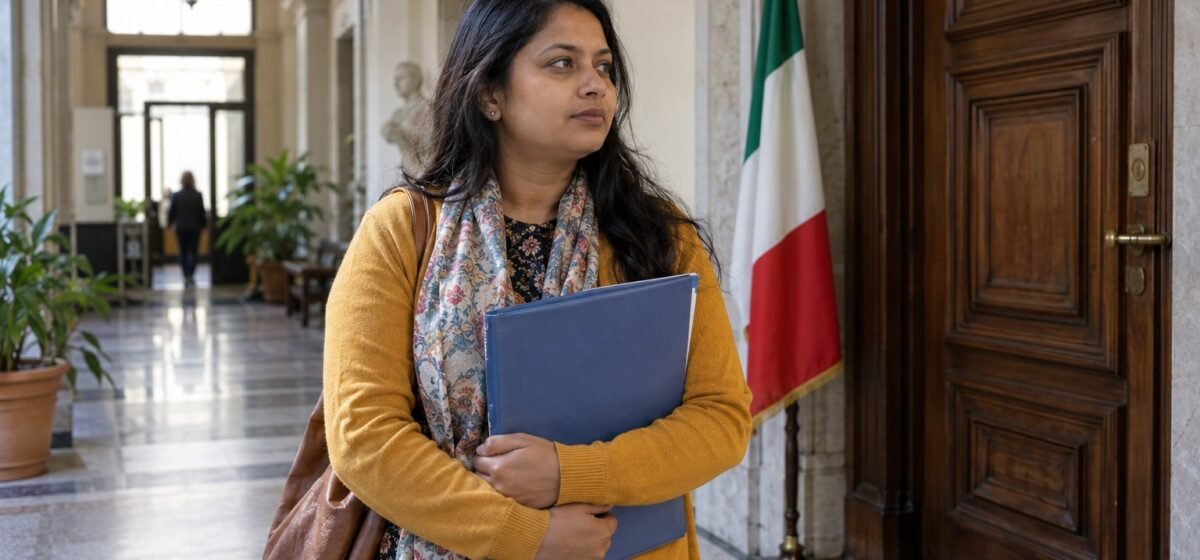 Una donna attende con una cartellina in un edificio comunale.