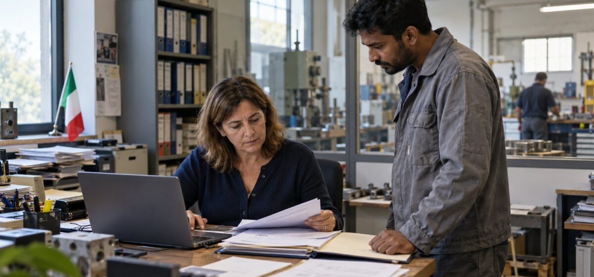 Un'impiegata e un lavoratore esaminano insieme dei documenti nell'ufficio di un'azienda.