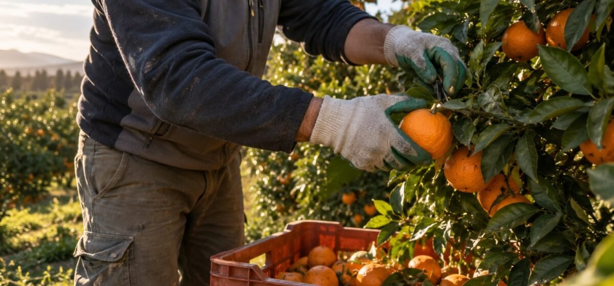 Un lavoratore raccoglie agrumi in un frutteto.