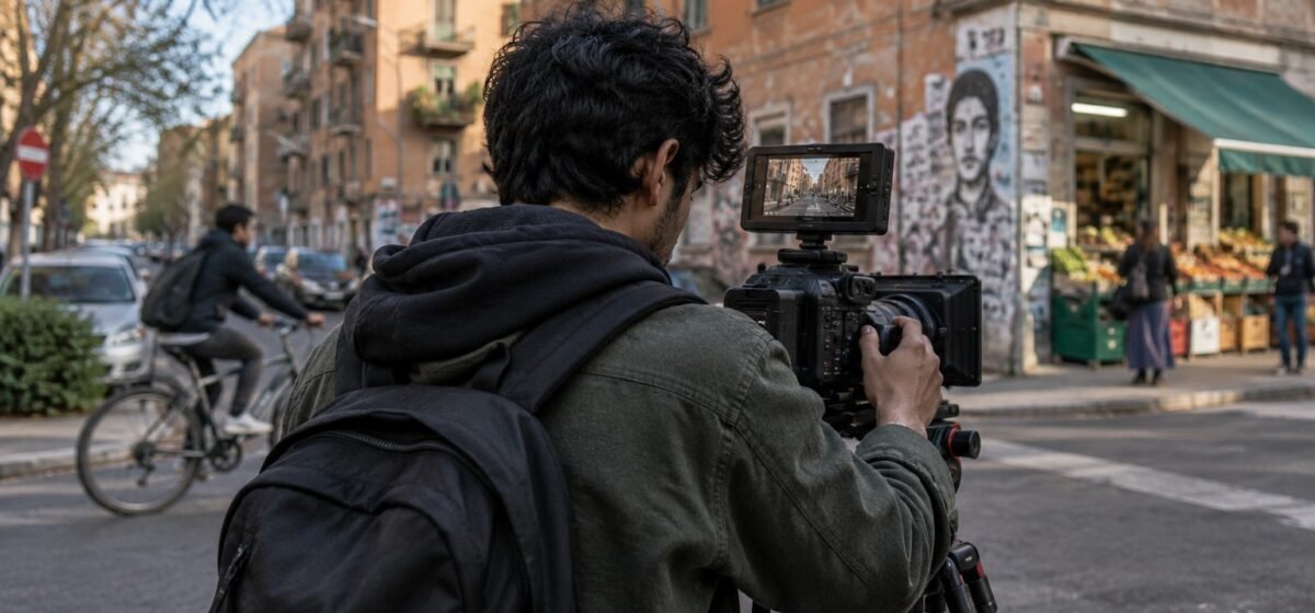 Un giovane cineasta regola una videocamera in una strada di quartiere.