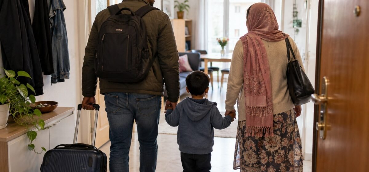 Una famiglia entra in casa con una piccola valigia.