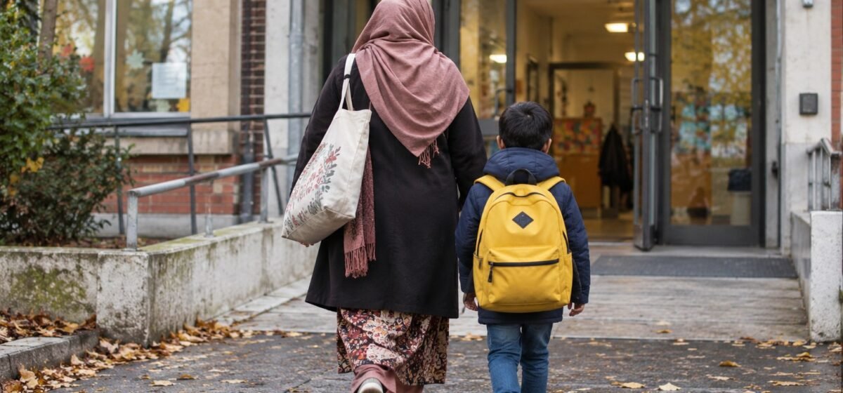 Un genitore accompagna a scuola un bambino con lo zaino.
