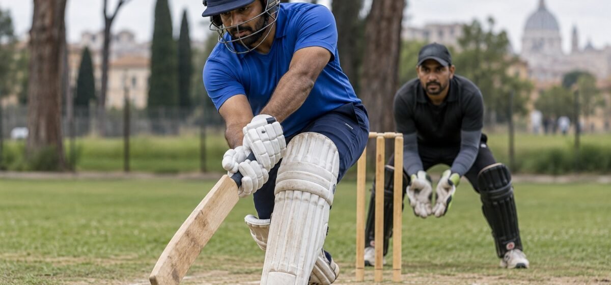 Un giocatore di cricket amatoriale si allena su un campo in Italia.