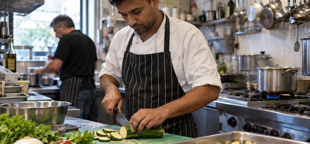 Un cuoco prepara verdure nella cucina di un ristorante italiano.