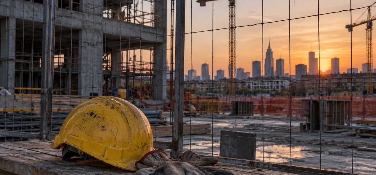 Guanti da lavoro e un casco accanto a un cantiere edile.