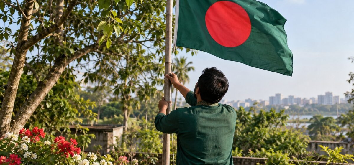 Una bandiera del Bangladesh viene issata in un giardino comunitario.
