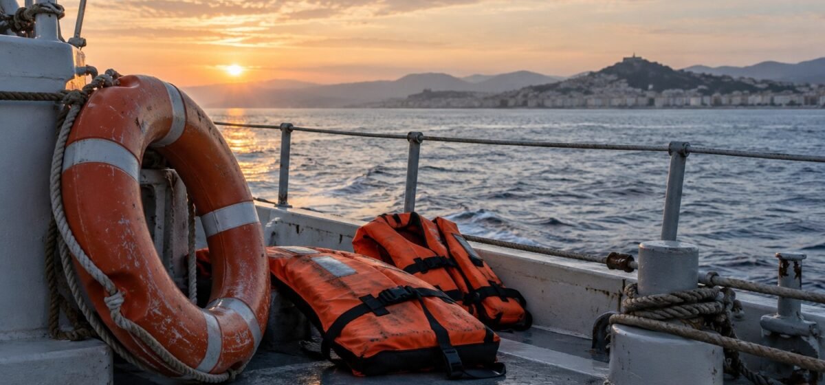 Attrezzature di salvataggio sul ponte di una barca, con la costa sullo sfondo.