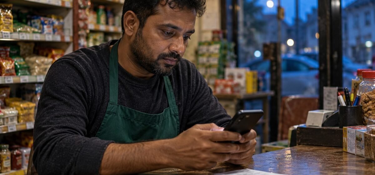 Un lavoratore usa il telefono dopo la chiusura del negozio.