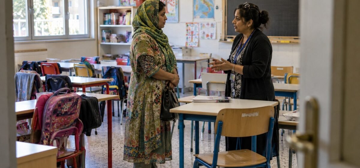Una madre parla con una mediatrice in un’aula scolastica vuota.