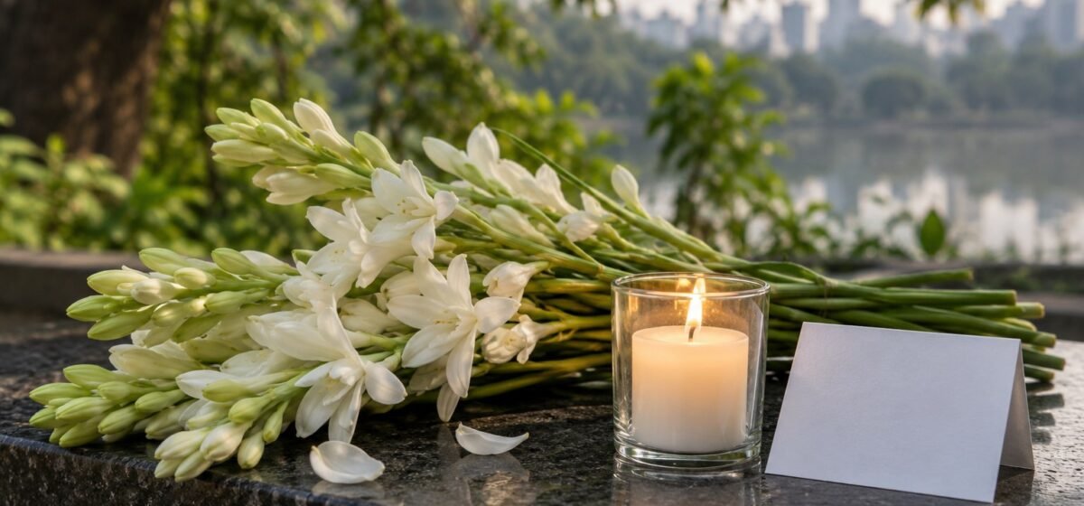 Fiori bianchi e una candela per un momento di ricordo.