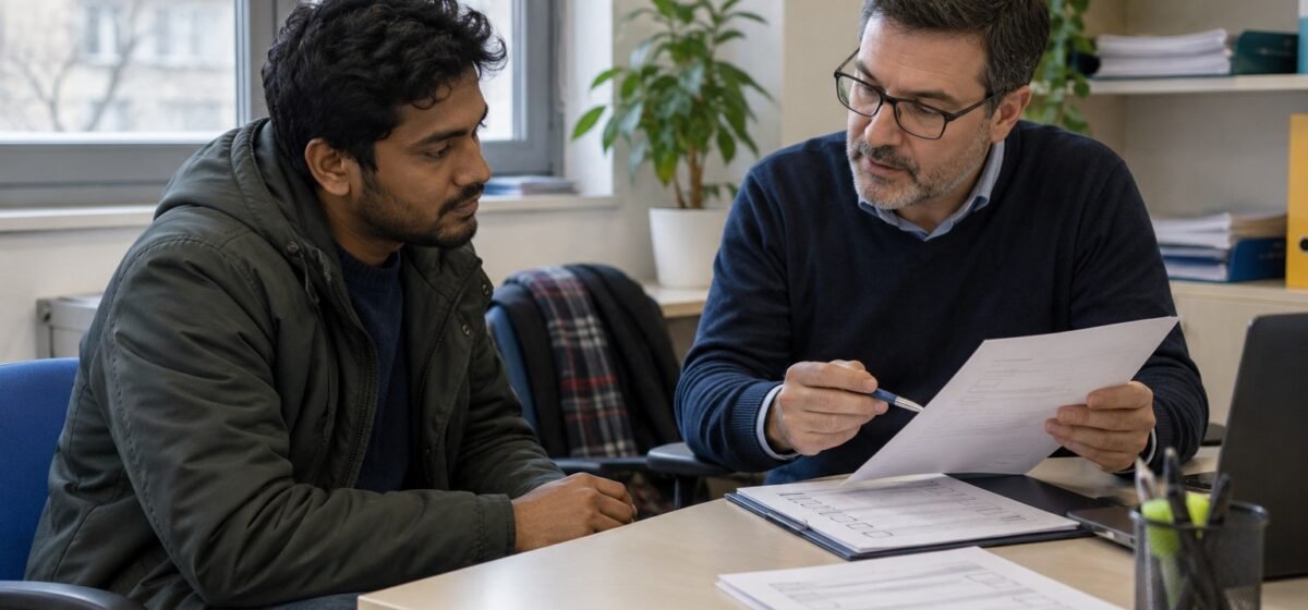Un lavoratore riceve orientamento a uno sportello di assistenza.