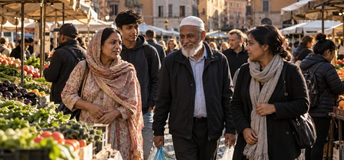 Una famiglia passeggia in un mercato di quartiere in Italia.
