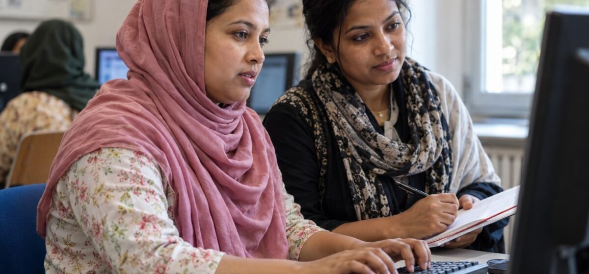 Due donne collaborano durante una formazione digitale.
