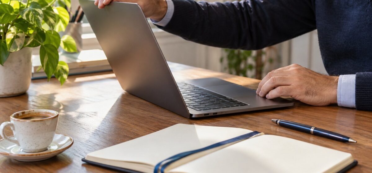 Un computer e un’agenda pronti per una sessione di domande online.
