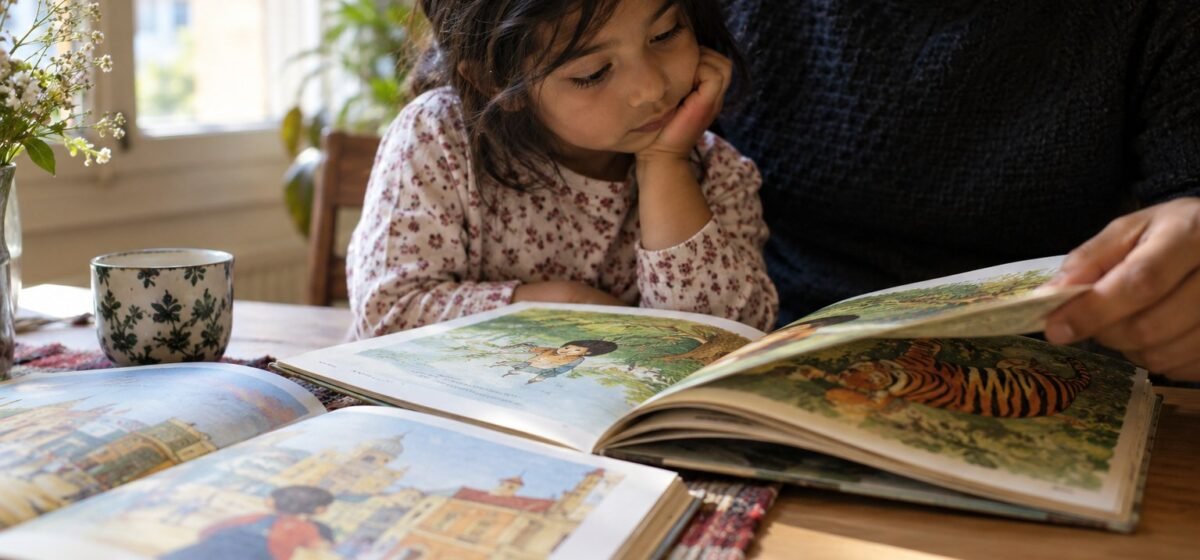 Una famiglia legge libri in due lingue a casa.