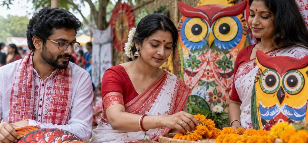 Abiti bianchi e rossi, maschere artigianali e fiori per una festa bengalese.