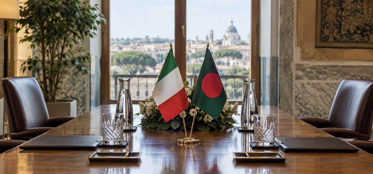 Bandiere italiana e bangladese su un tavolo da riunione vuoto.