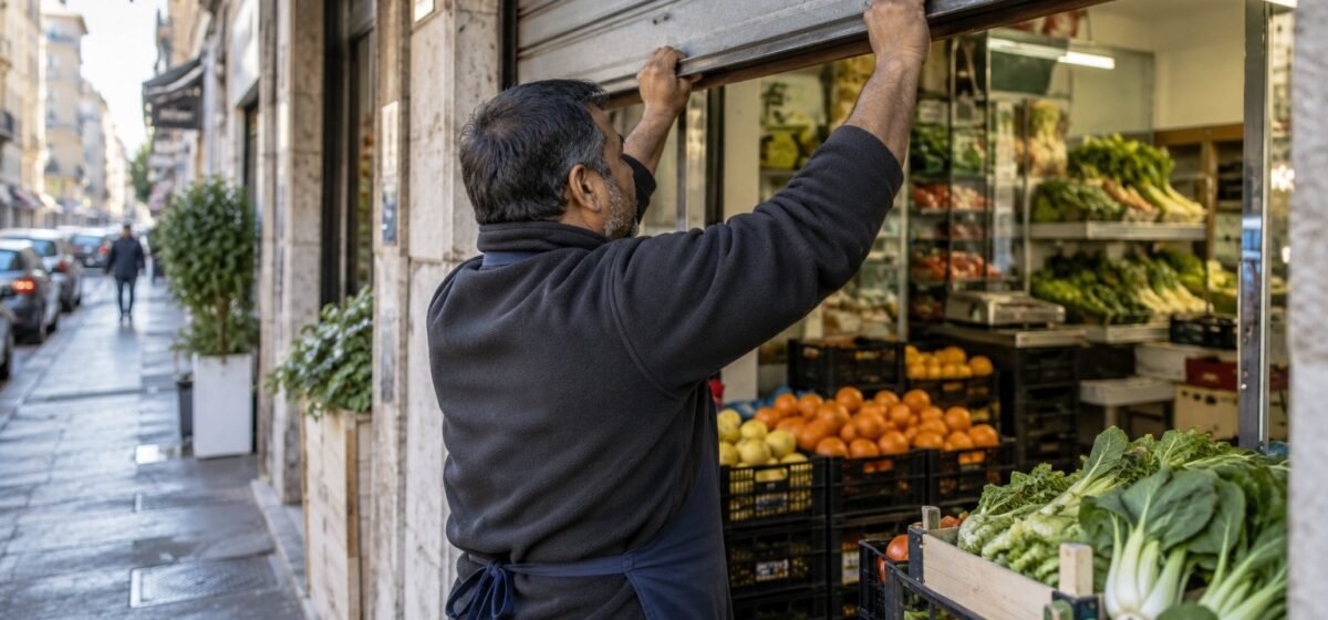 Un commerciante apre un negozio di frutta e verdura al mattino.